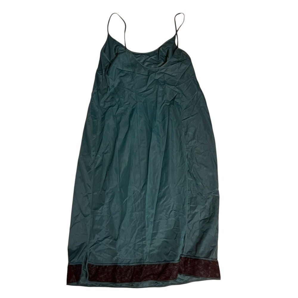 SchLessinger Vintage Printemps Slip Dress Lace Trim Teal Brown Lingerie